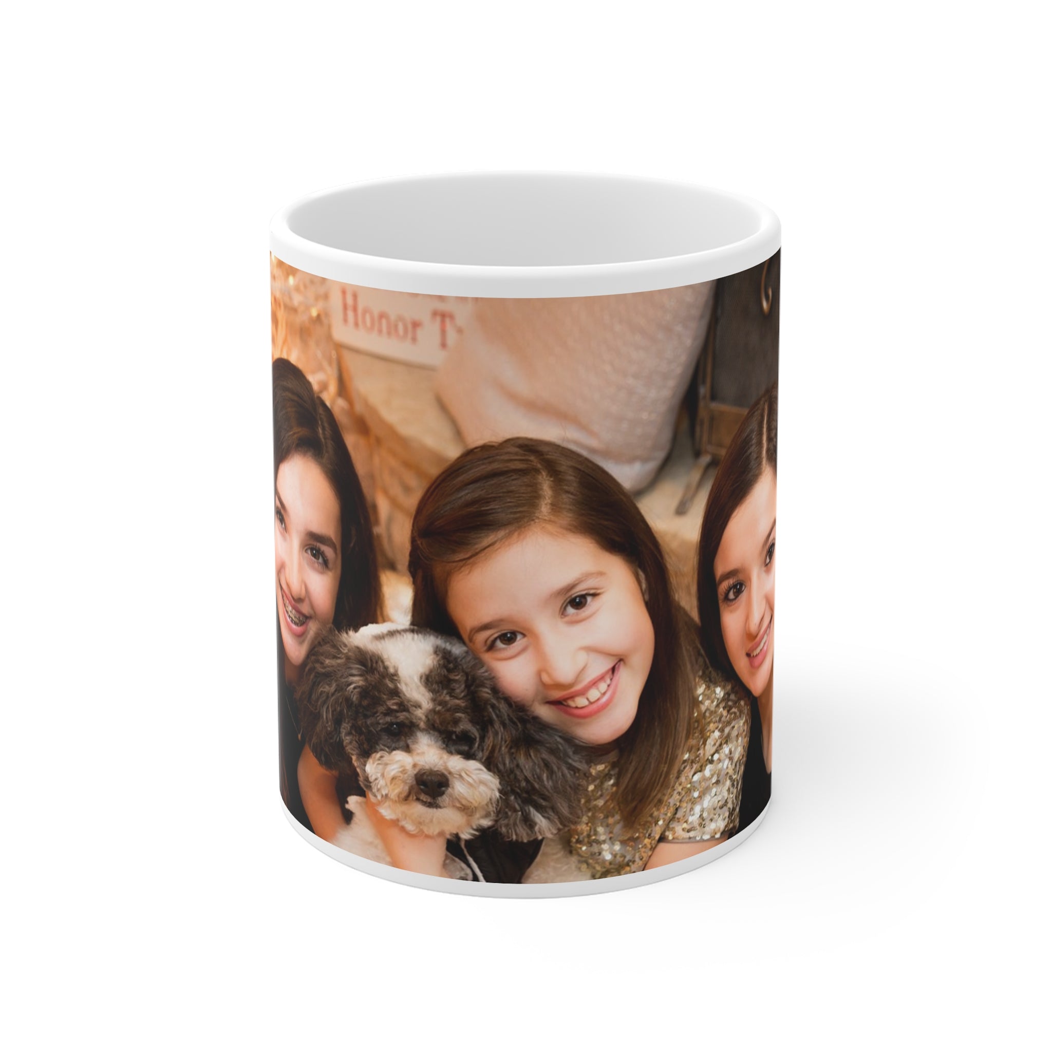 Mug with a design of a girl and a dog on a white background