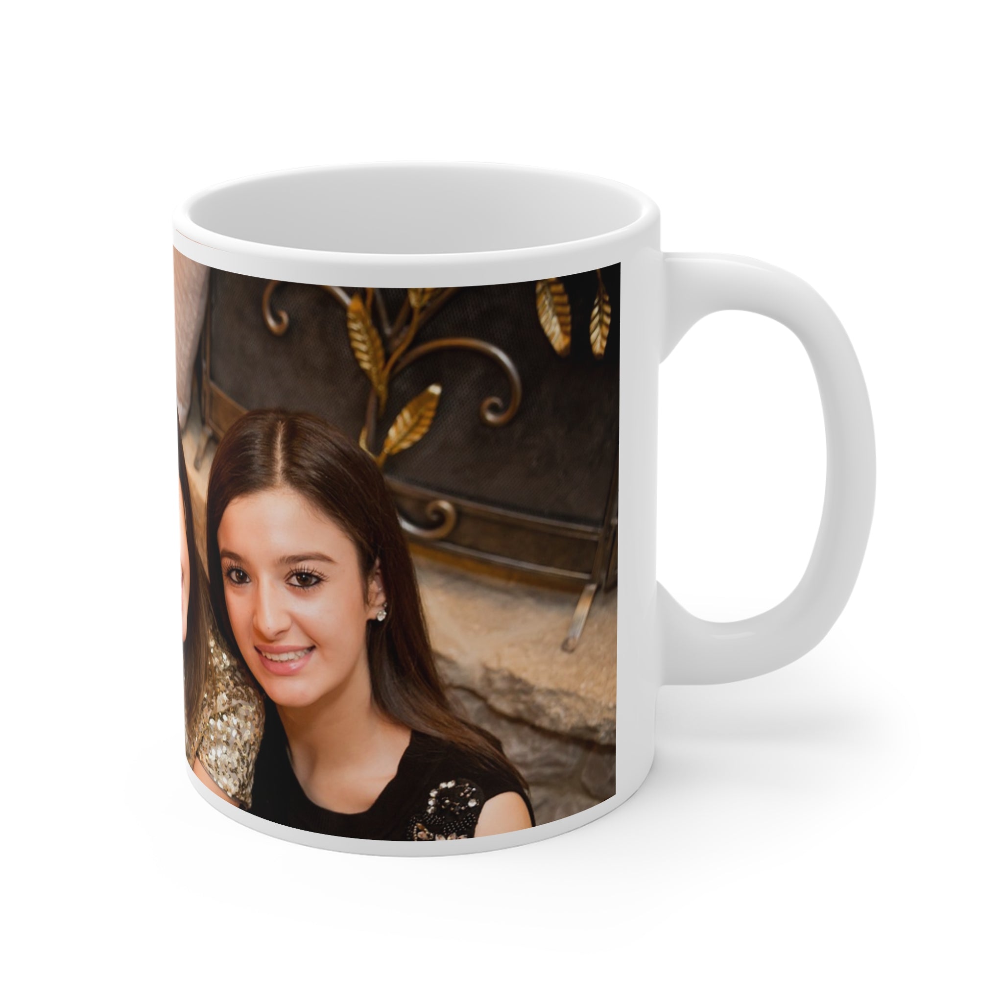 White mug with a photo of a woman printed on it, placed on a white background
