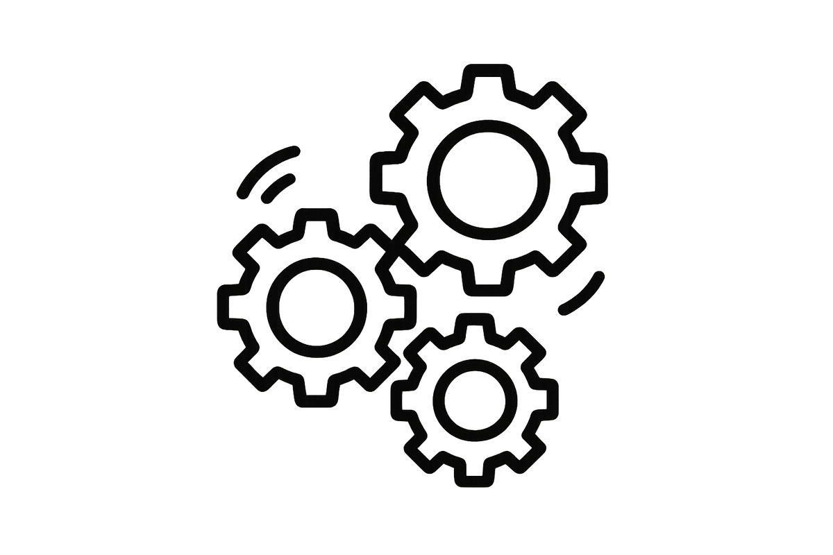 an icon image of cogs turning in with black outlines and white inner
