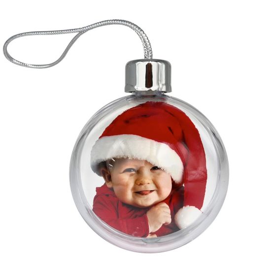 Clear Christmas Bauble ornament with a photo of a child wearing a Santa hat on a white background